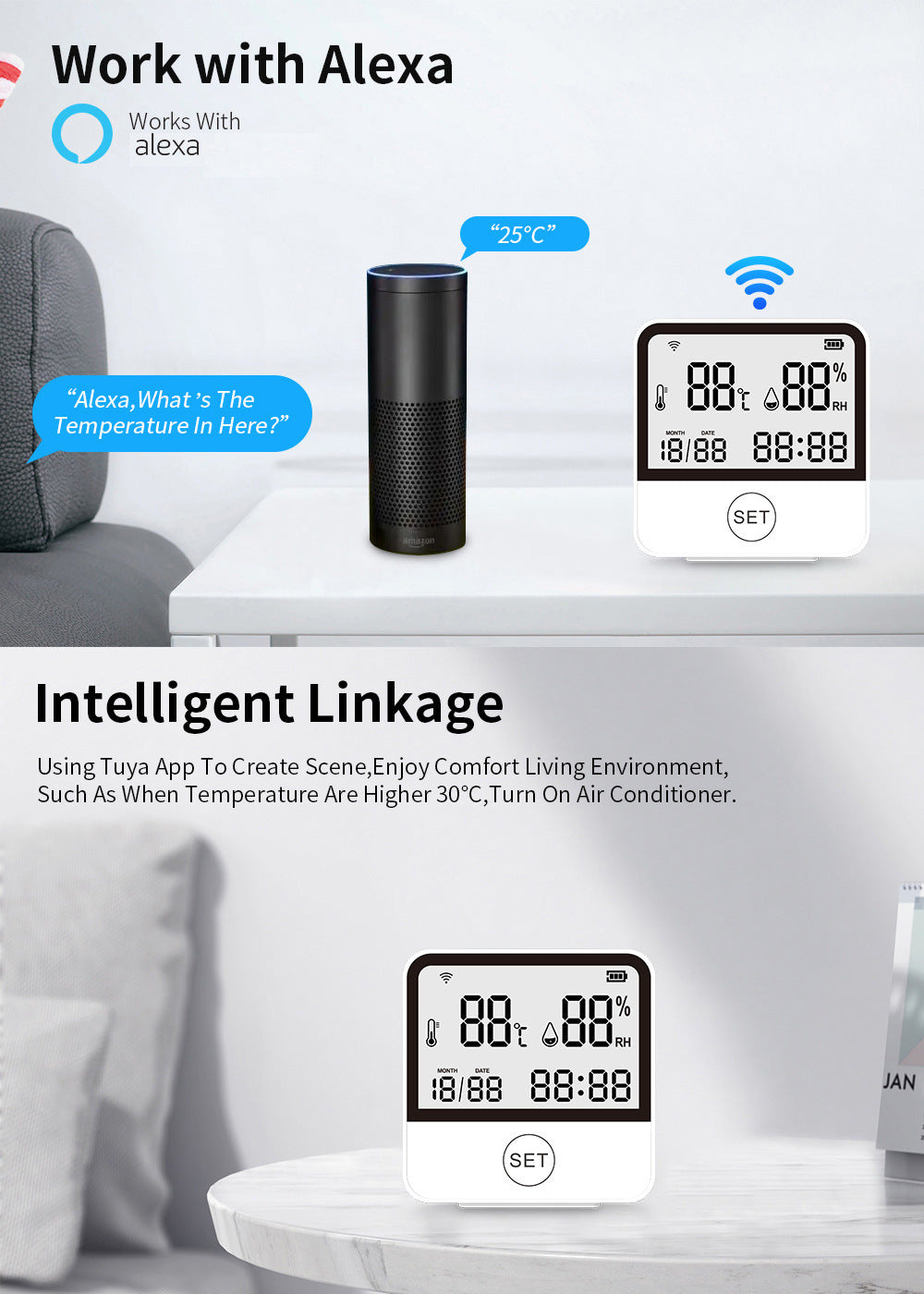 Smart WiFi Temperature & Humidity Sensor with Large Display for Home, Office, and Hotel