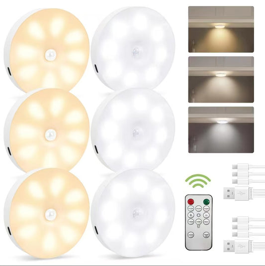 Rechargeable Motion Sensor Cabinet Closet Lamp Set - 6 PCS with Remote Control, Dimming & Adjustable Timer (15/30/60 mins)