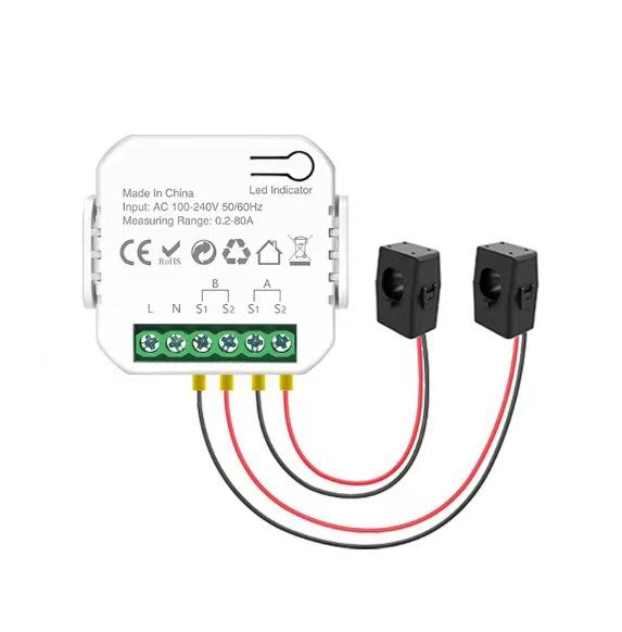 Tuya WiFi 80A Single-Phase Energy Monitor with Dual CT Clamp Smart Power Meter | 0.2–80A | AC 100–240V | DIN Rail Installation