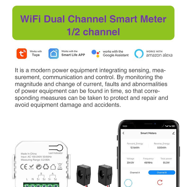Tuya WiFi 80A Single-Phase Energy Monitor with Dual CT Clamp Smart Power Meter | 0.2–80A | AC 100–240V | DIN Rail Installation