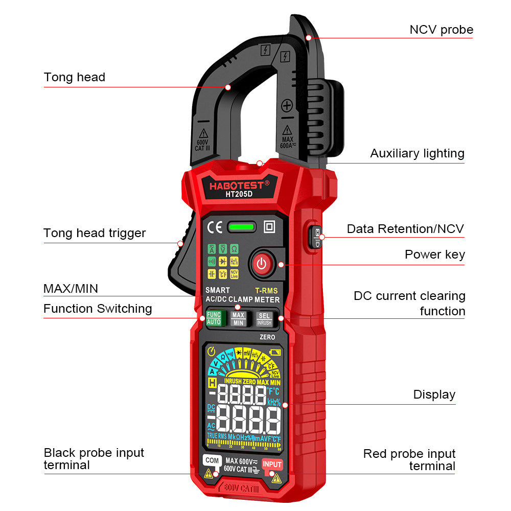 HABOTEST HT205D 600A Clamp Meter | True RMS | Auto Range | NCV | Inrush Current | Temperature Measurement