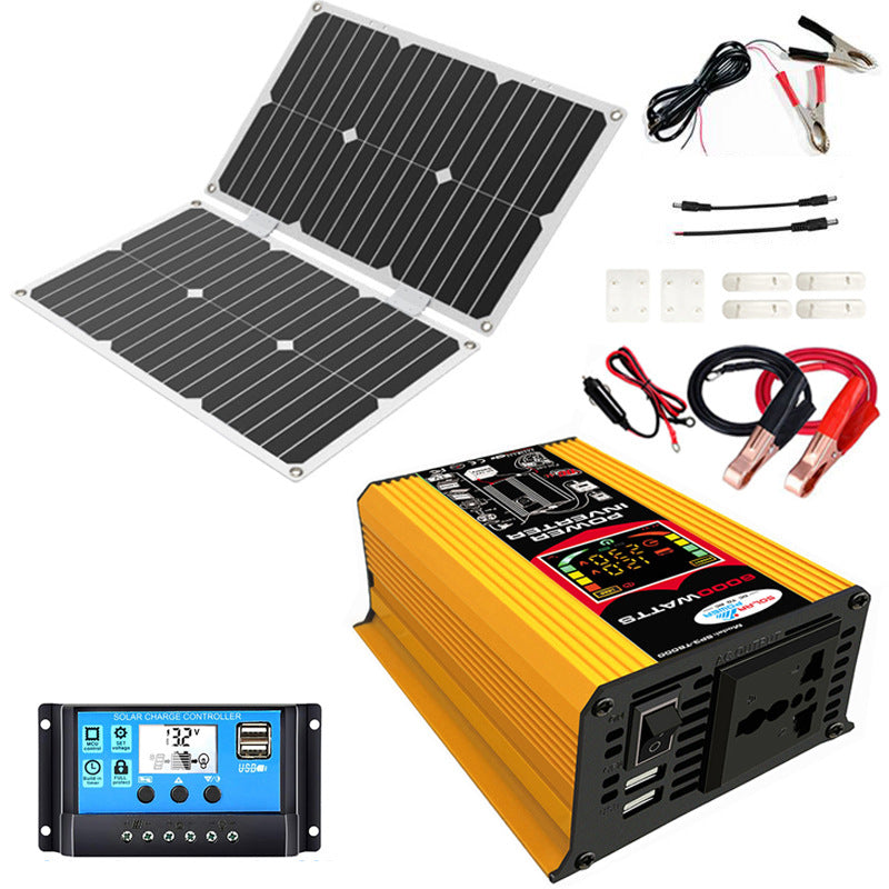 6000W Solar Power Inverter Kit 12V to 110V/220V with 18W/36W/75W Foldable Solar Panel, 30A Charge Controller & LCD Screen for Camping Emergency