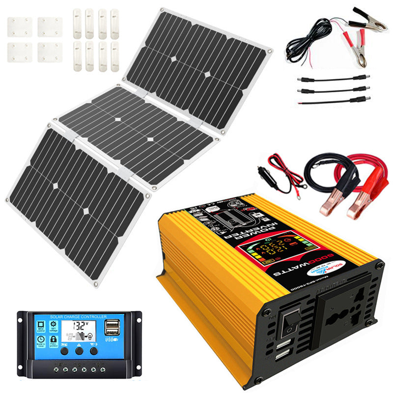 6000W Solar Power Inverter Kit 12V to 110V/220V with 18W/36W/75W Foldable Solar Panel, 30A Charge Controller & LCD Screen for Camping Emergency