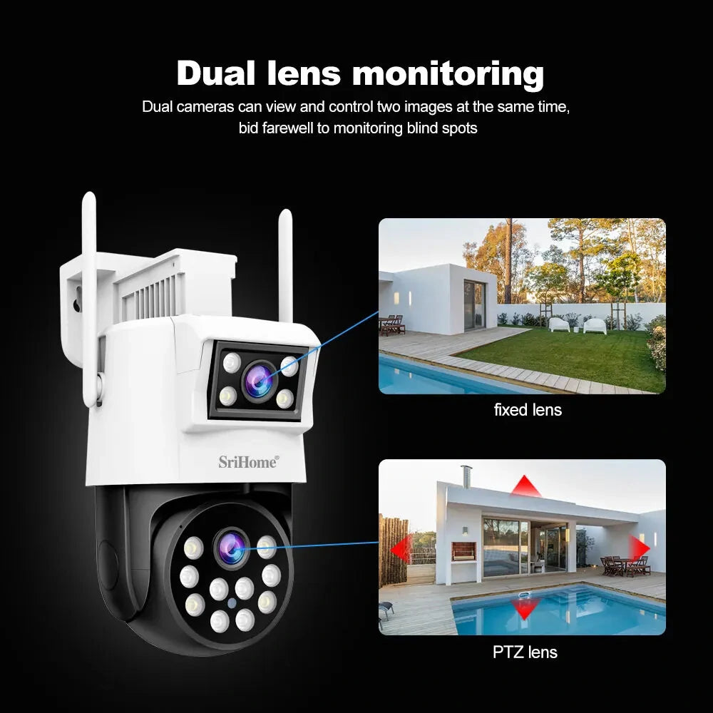 Srihome SH048 4MP Dual Lens 1080P WiFi PTZ IP Camera with AI Tracking, Motion Detection, Night Vision, and Two-Way Audio - Outdoor CCTV Security