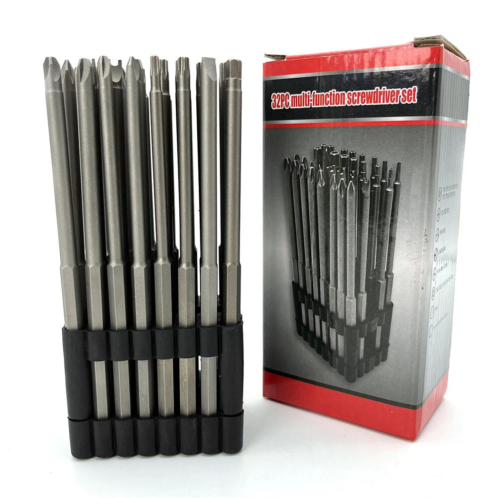 32-Piece Extended Drill & Screwdriver Bit Set – Hex, Phillips, Slotted, Carbon Steel