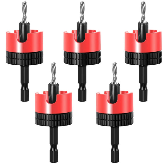 5-Piece High-Quality Steel Countersink Drill Bit Set with Adjustable Depth Stop, Hex Shank, Sizes 2.8-4x8mm for Woodworking