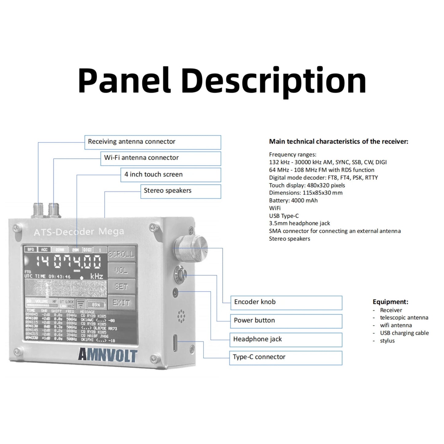 AMNVOLT ATS Si4732 Full Band Radio Receiver FM AM LW MW SW SSB DSP with H-RADIO 4.2 License Code