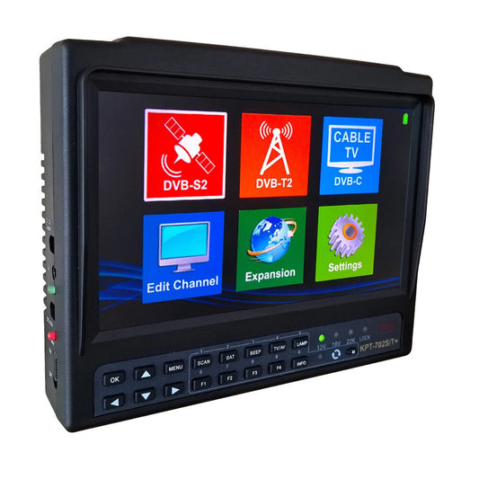 7 LCD Touchscreen Spectrum Satellite Finder KPT-702ST+AHD - DVB-S2/T2/C Signal Meter with USB, HDMI, AV & Rechargeable Battery
