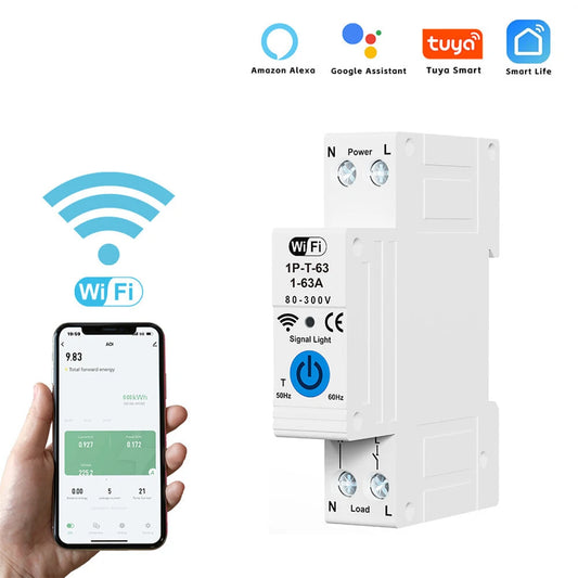 63A Smart WiFi Circuit Breaker with ON/OFF Timer, Short Circuit Protection, Voice Control, Real-Time Consumption Tracking, Tuya Smart Life Compatible