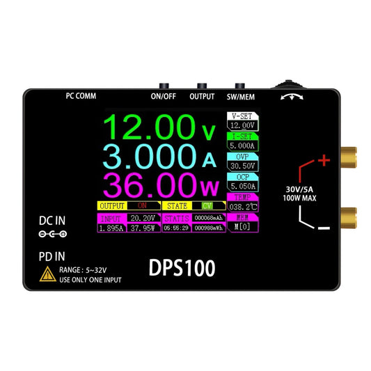 100W DPS100 DC Power Supply, 2.4 HD Screen, Type-C Input, Adjustable Voltage & Current, 10 Preset Outputs