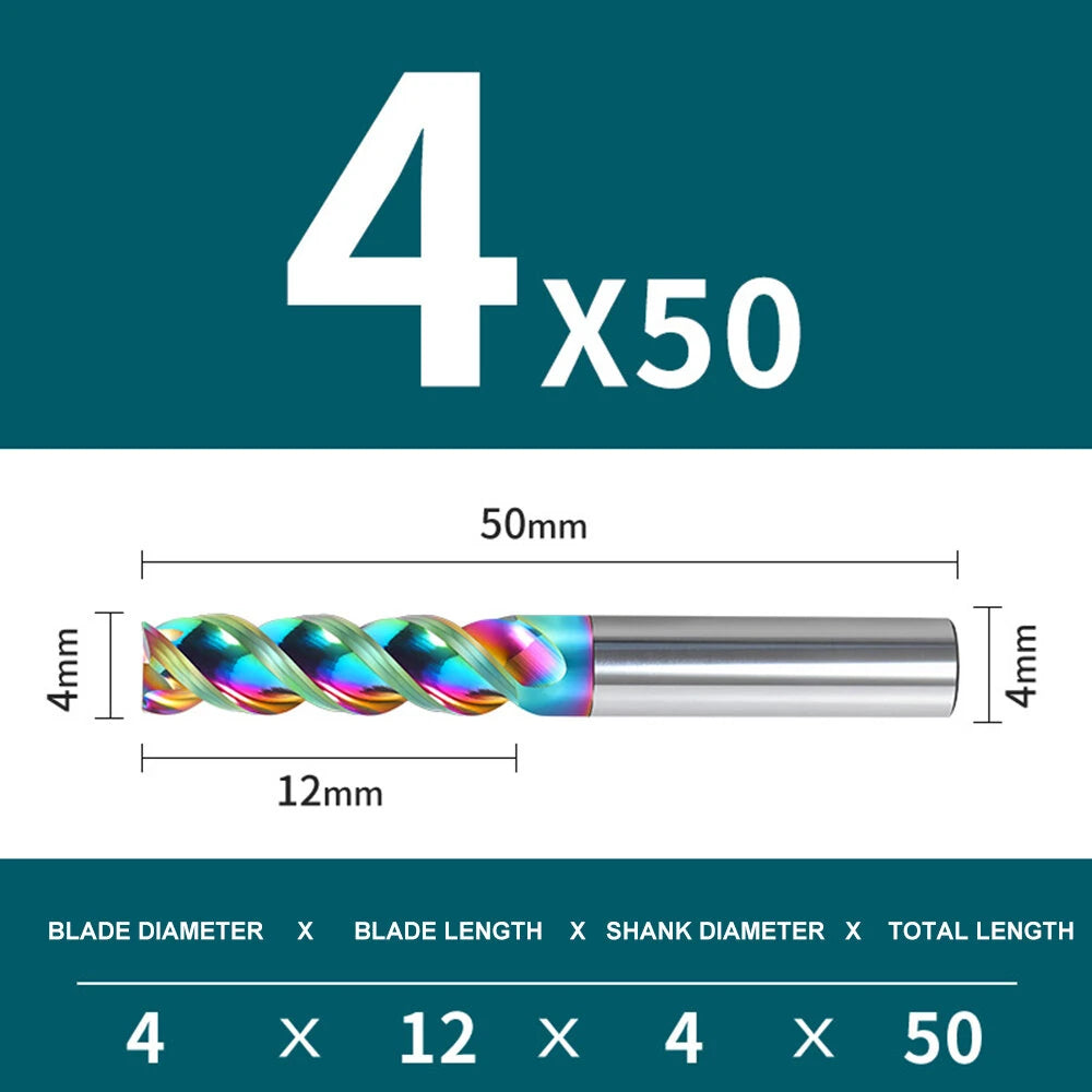 CNC Router Bit - Tungsten Carbide, 3 Flutes, 4mm/8mm/10mm Shank & Cutting Diameter, 12mm/24mm/30mm Length End Mill
