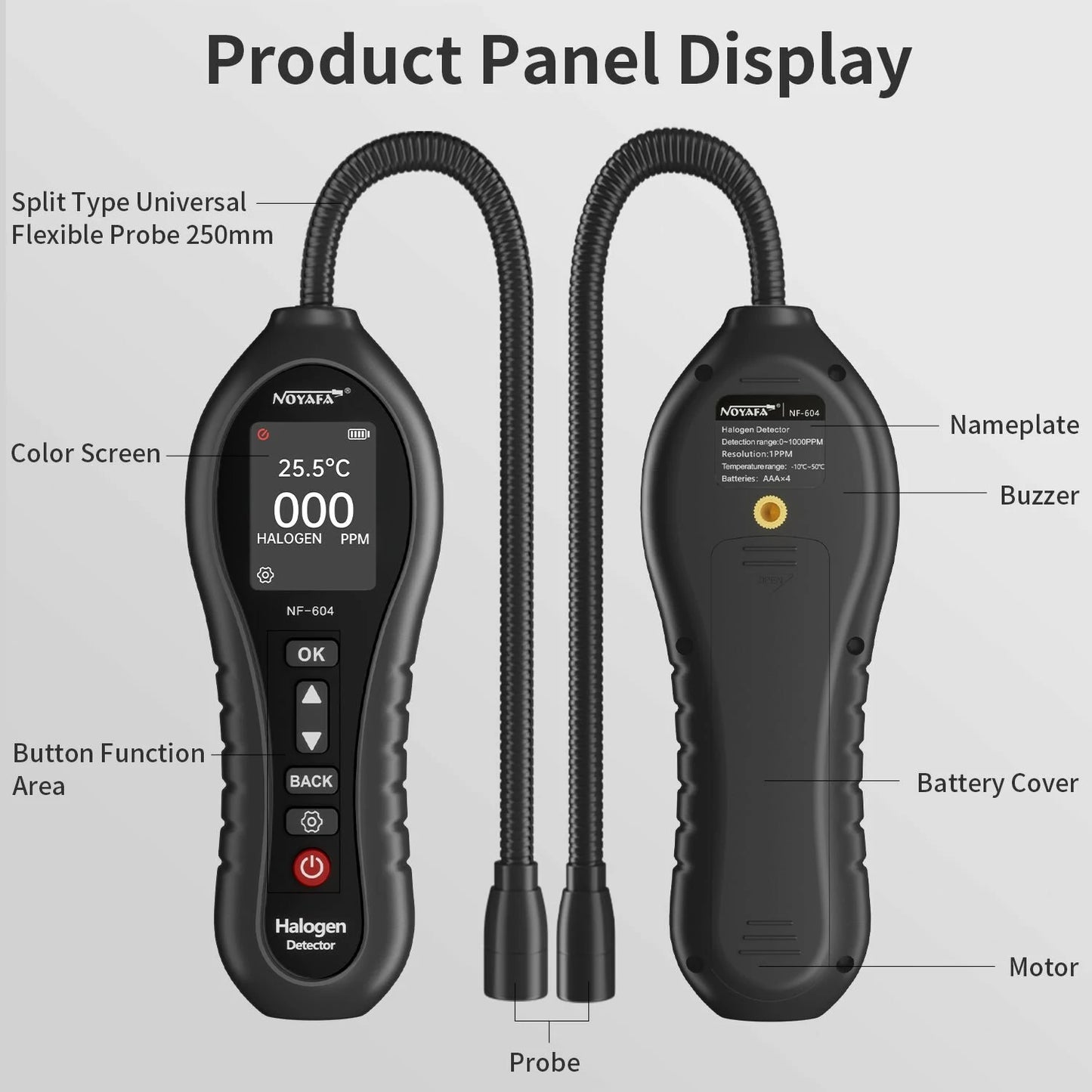 NOYAFA NF-604 High Sensitivity Halogen Leak Tester, 0-1000PPM Range, Triple Alert System, Adjustable Alarms, Temperature Test, Long Flexible Probe, Waterproof for Industrial & Home Use