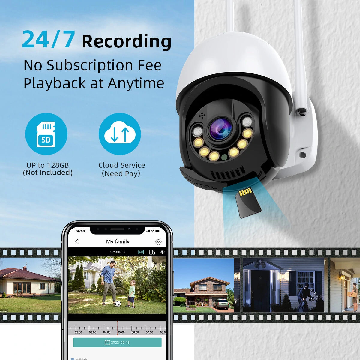 2MP Outdoor Wireless PTZ Security Camera, AI Human Detection, Night Vision, Two-Way Audio, IP66 Waterproof, Remote Control