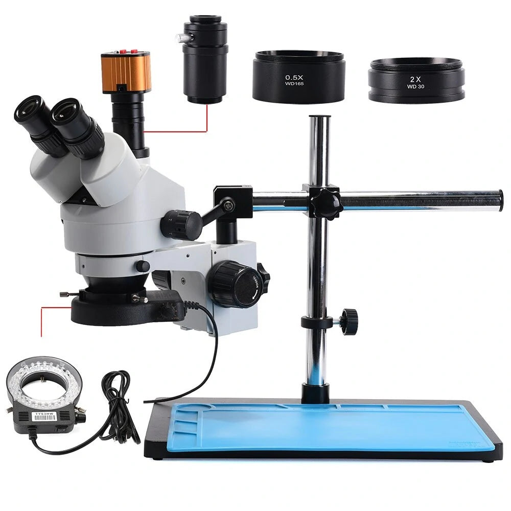 Stereo Microscope 3.5~90X Zoom with 16MP Camera, All-Metal Stand, 56-LED Ring Light for Industrial PCB Repair