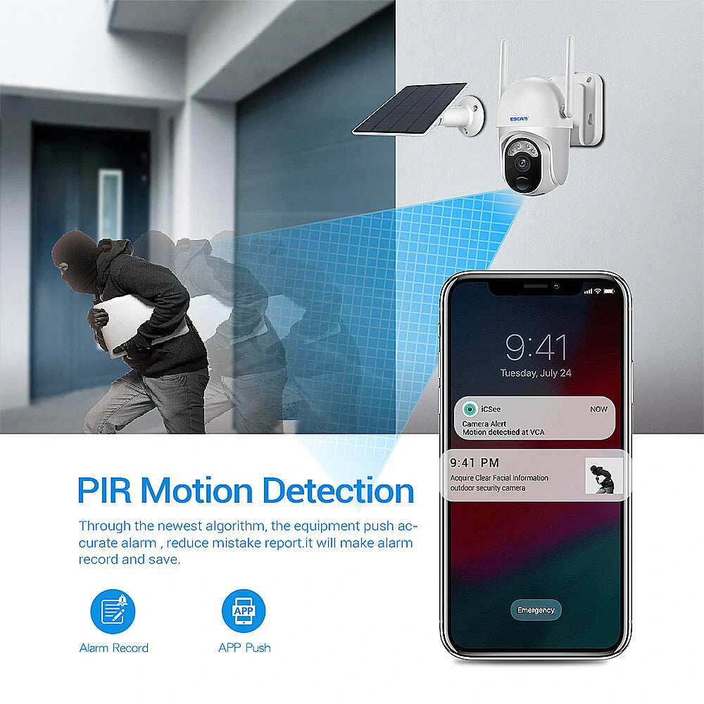 ESCAM QF103 3MP Solar-Powered WiFi IP Camera, Wireless PTZ, Night Vision, Human Detection, Two-Way Audio, IP66 Waterproof PIR Alarm for Home Security