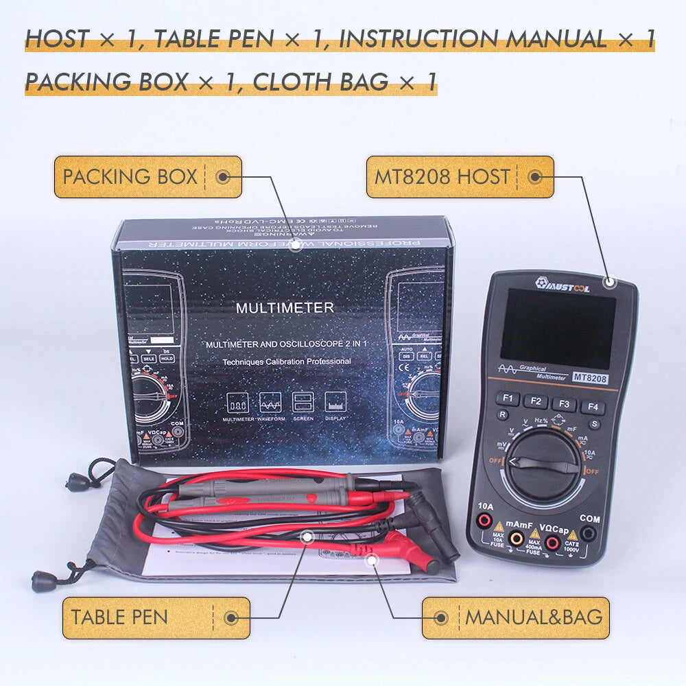 MUSTOOL MT8208 2-in-1 Smart Graphical Digital Oscilloscope Multimeter, 2.4 Color Screen, 1MHz Bandwidth, 2.5Msps Sampling Rate for DIY & Electronic Testing, Upgraded from MT8206