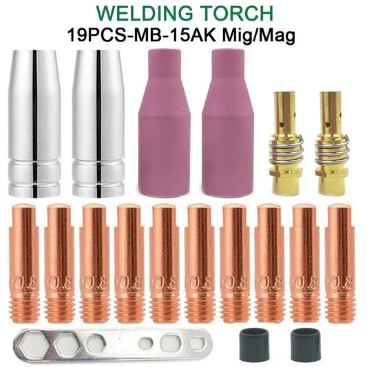 19Pcs MB-15AK MIG Welder Consumable Kit: Binzel Torch Ceramic Nozzles, Contact Tips & Holders