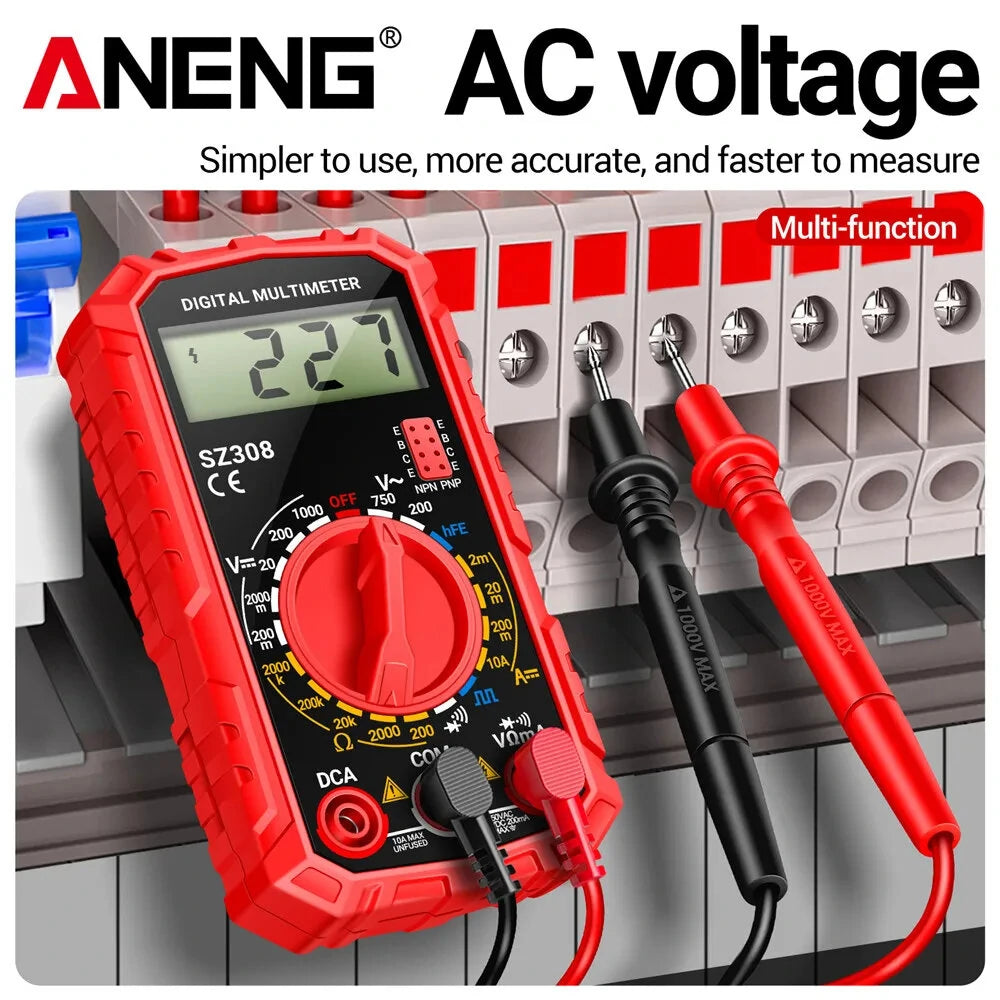 ANENG SZ308 Handheld Digital Multimeter - AC/DC Voltage, Current, Resistance, Diode, HFE Transistor Measurements, Wave Output, Low Battery Indicator