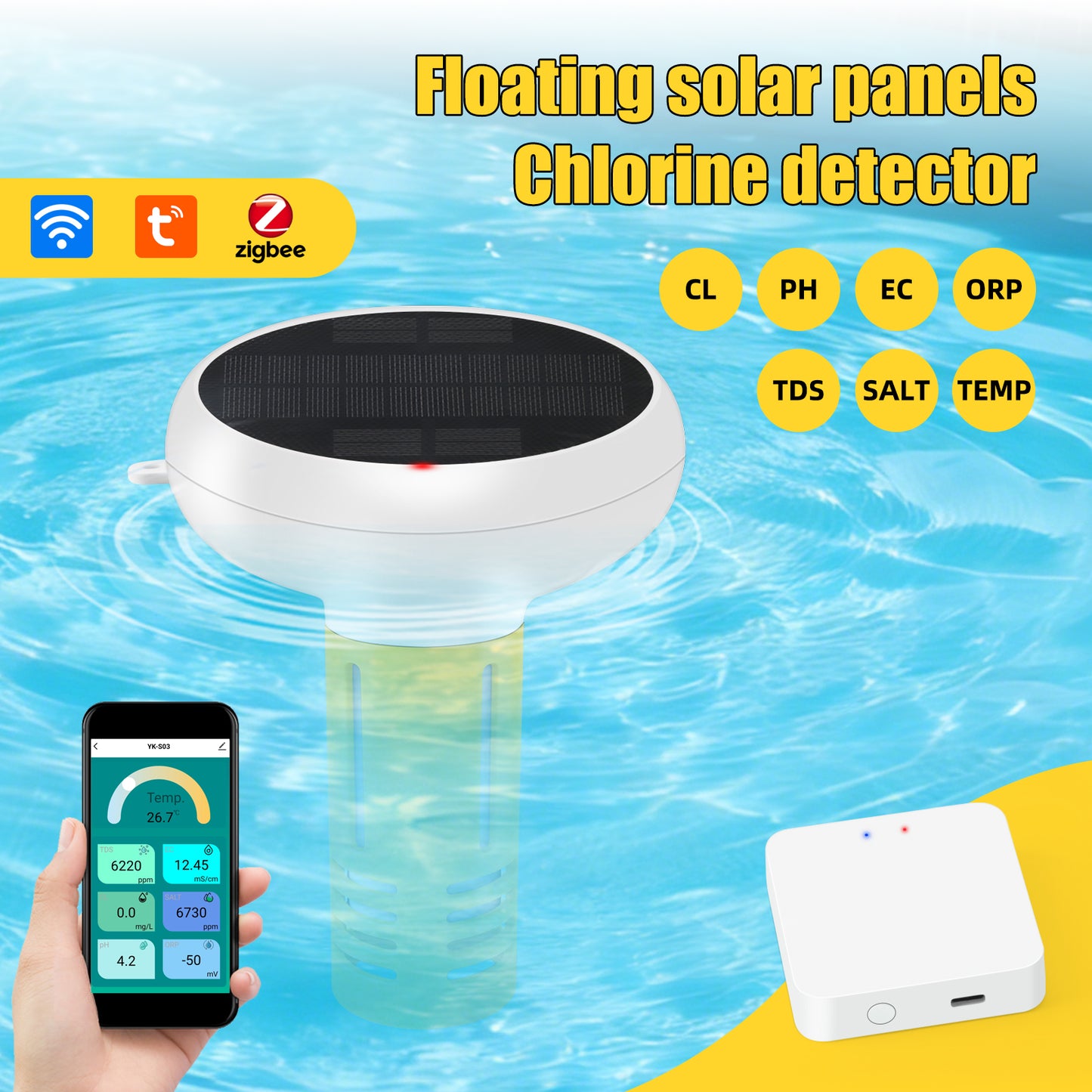 Solar-Powered Tuya Zigbee Pool Water Quality Tester – 7-in-1 Smart Floating Monitor (pH / Chlorine / ORP / Salinity / EC / TDS / Temperature)