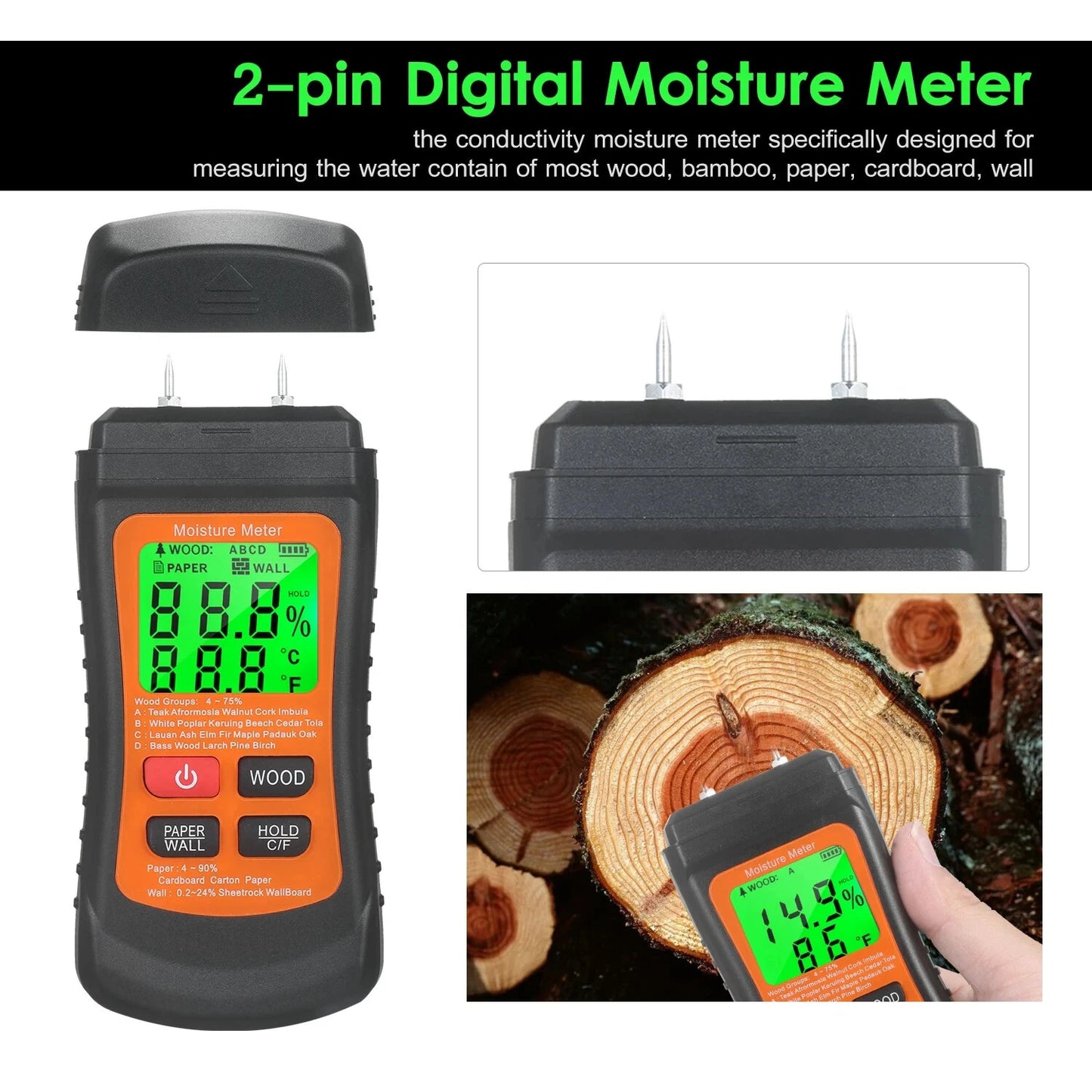 MT02 Digital Wood Moisture Meter - LCD Display, High Precision, Non-Destructive Portable Tester for Wood, Paper, Wall