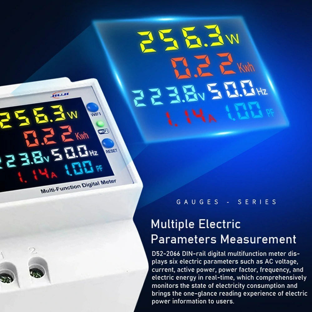 Tuya WiFi Smart Digital Display DIN-Rail Voltage & Current Meter with Power Outage Memory