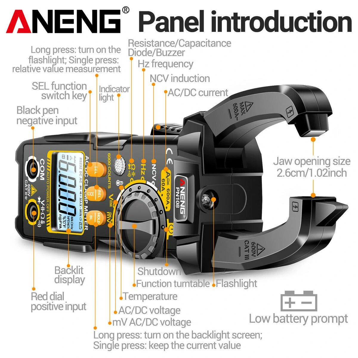 ANENG PN108 Clamp Meter | High-Precision 600A/600V AC/DC Voltage & Current Tester | Auto Power Off | Backlit Display