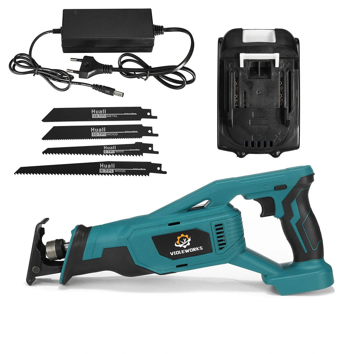 VIOLEWORKS 18V Cordless Reciprocating Saw with 4 Blades, Includes 1/2 Batteries for Woodworking Tasks