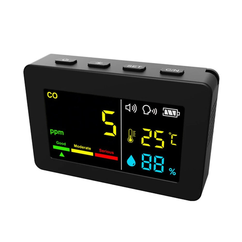 3-in-1 Portable Air Quality Meter: CO, Temperature & Humidity Tester with Color Screen, Voice Alarm & Battery Display
