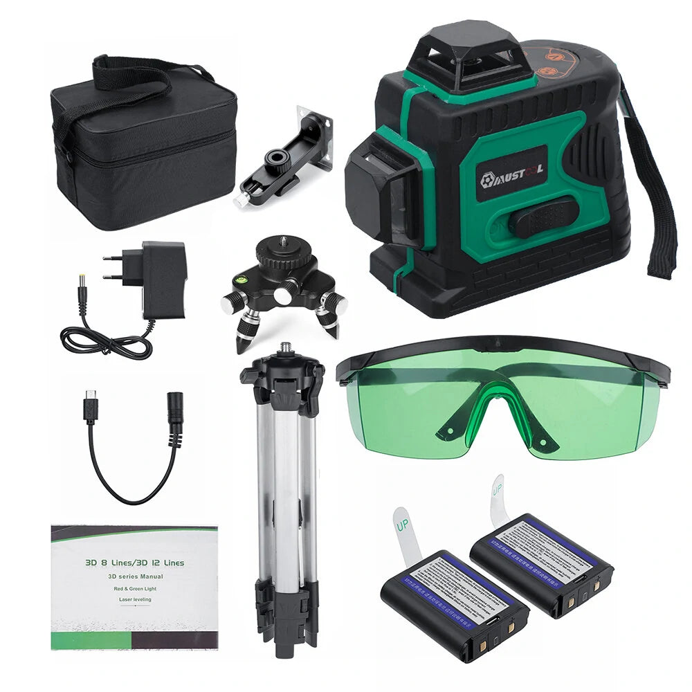 3D Green Laser Level 12 Lines 360° with 2 Batteries - MUSTOOL Auto Level Tool