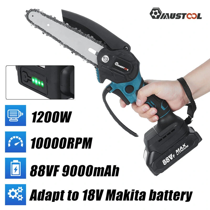 Cordless Electric Chainsaw 18V 1200W, 6-Inch Brush Motor Wood Cutter, 10,000 RPM, Optional Battery