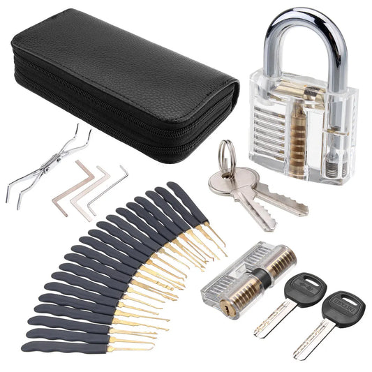 24-Piece Lock Pick Set with Transparent Practice Padlock for Training and Locksmithing