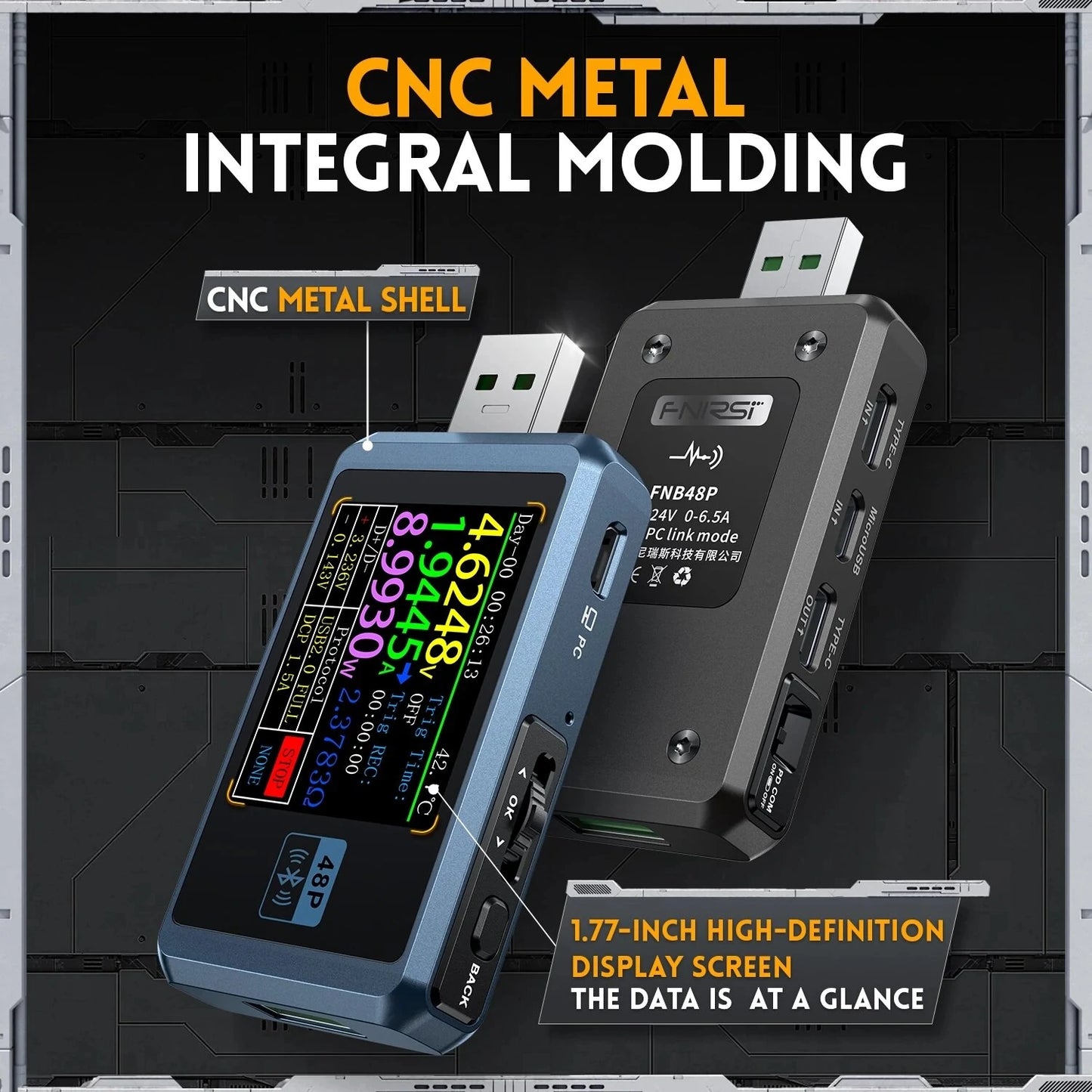 FNIRSI-FNB48P USB Type-C Fast Charge Tester with CNC Metal Shell, Ammeter Voltmeter, Ripple & Capacity Measurement