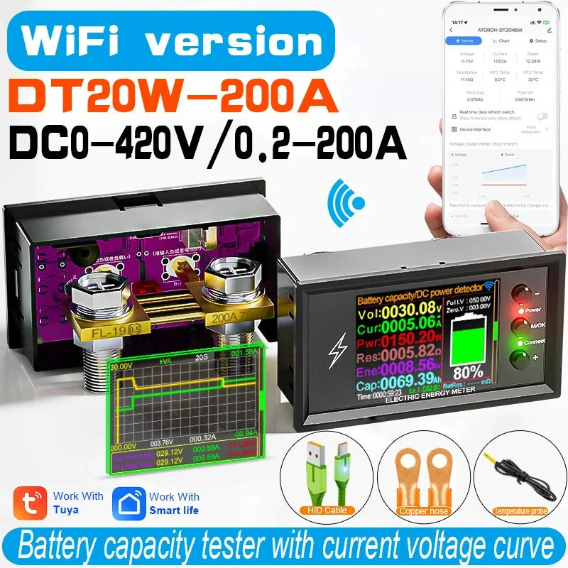 DT20W Smart Lithium Battery Tester 420V 600A with WiFi Tuya App and Digital Display