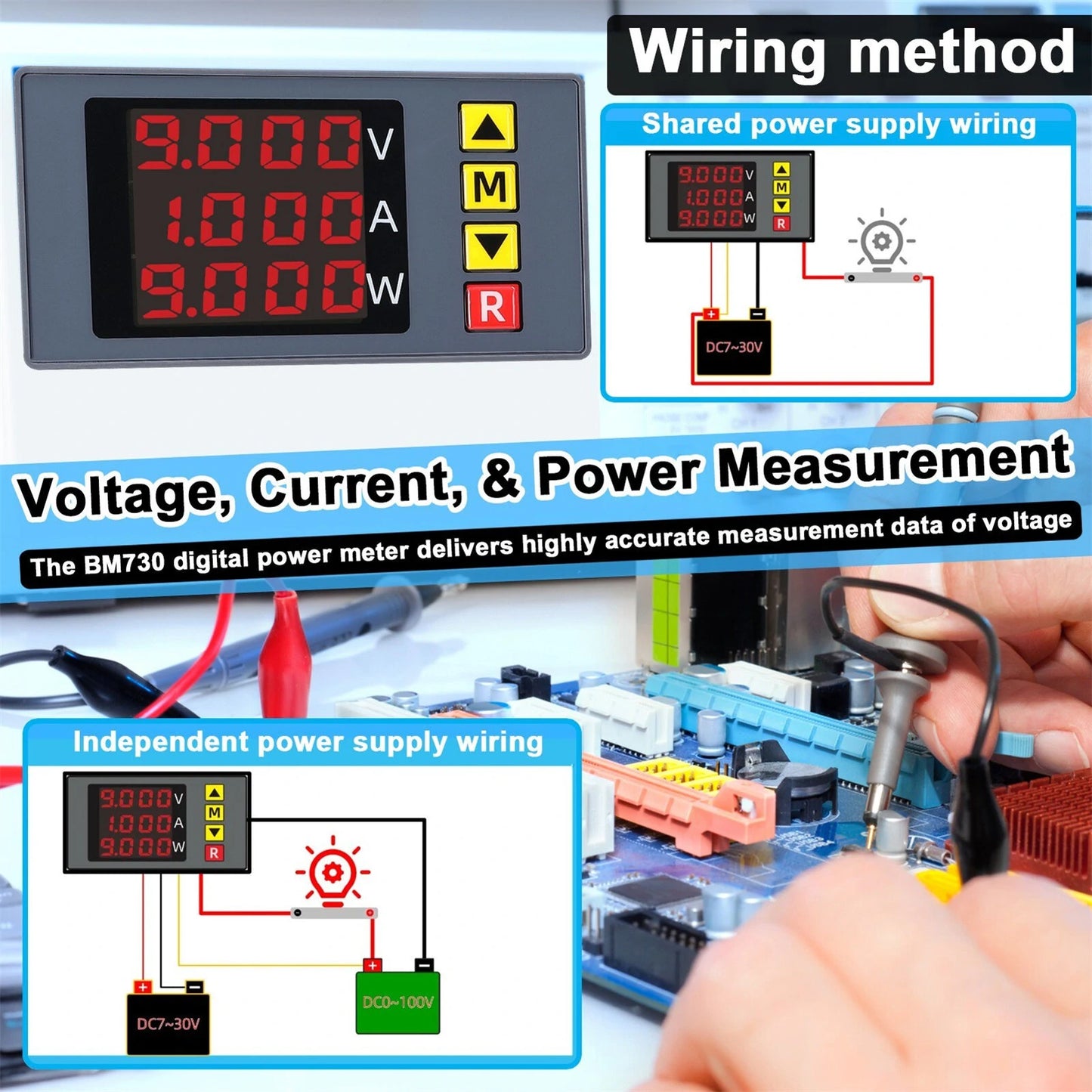 BM730 3-in-1 Digital Voltage Current Power Meter with Alarm - 4-Digit Multimeter with Adjustable Display & Safety Alerts