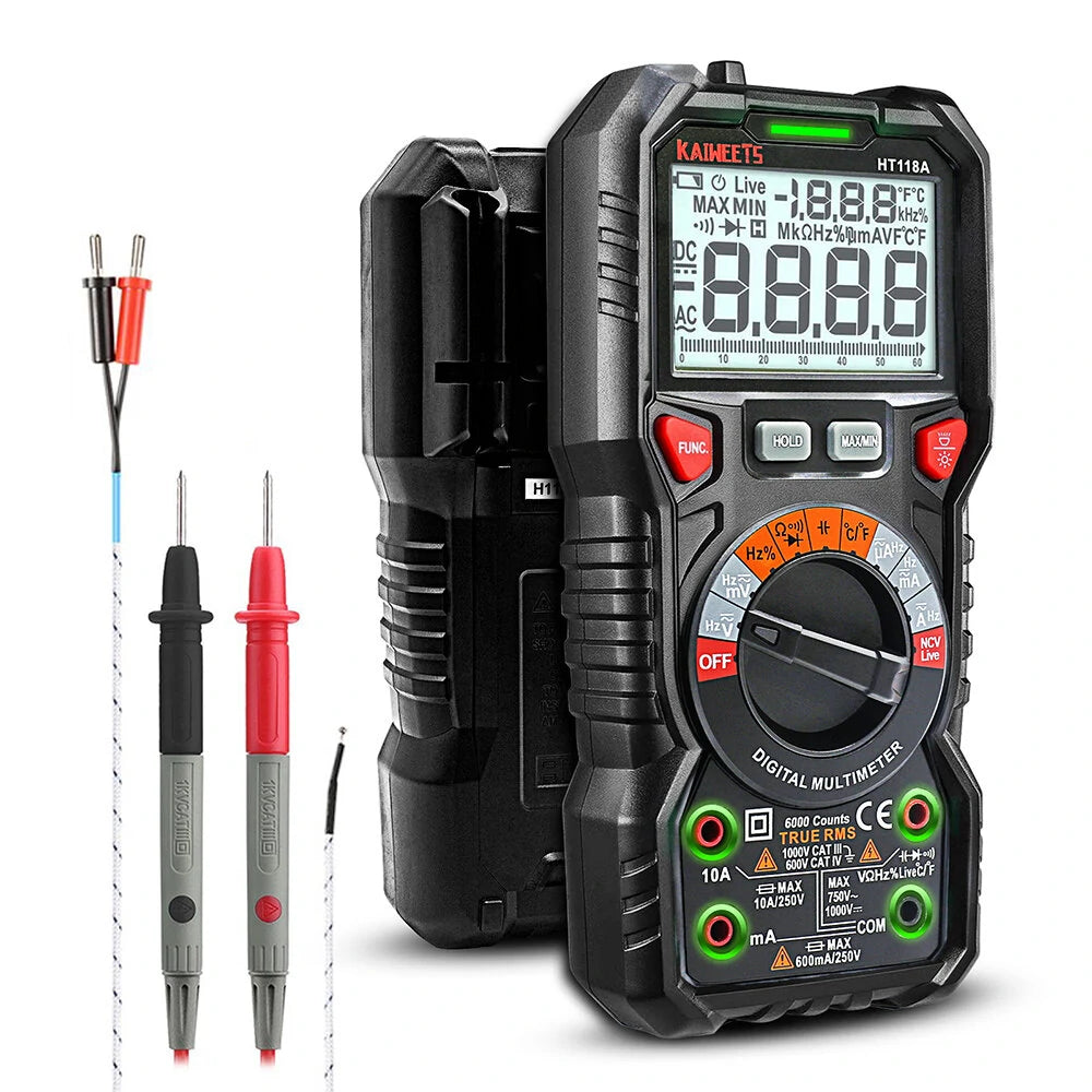 KAIWEETS HT118A TRMS Digital Multimeter 6000 Counts with Flashlight & Safety Features for Household & Automotive Testing - EU/US Direct