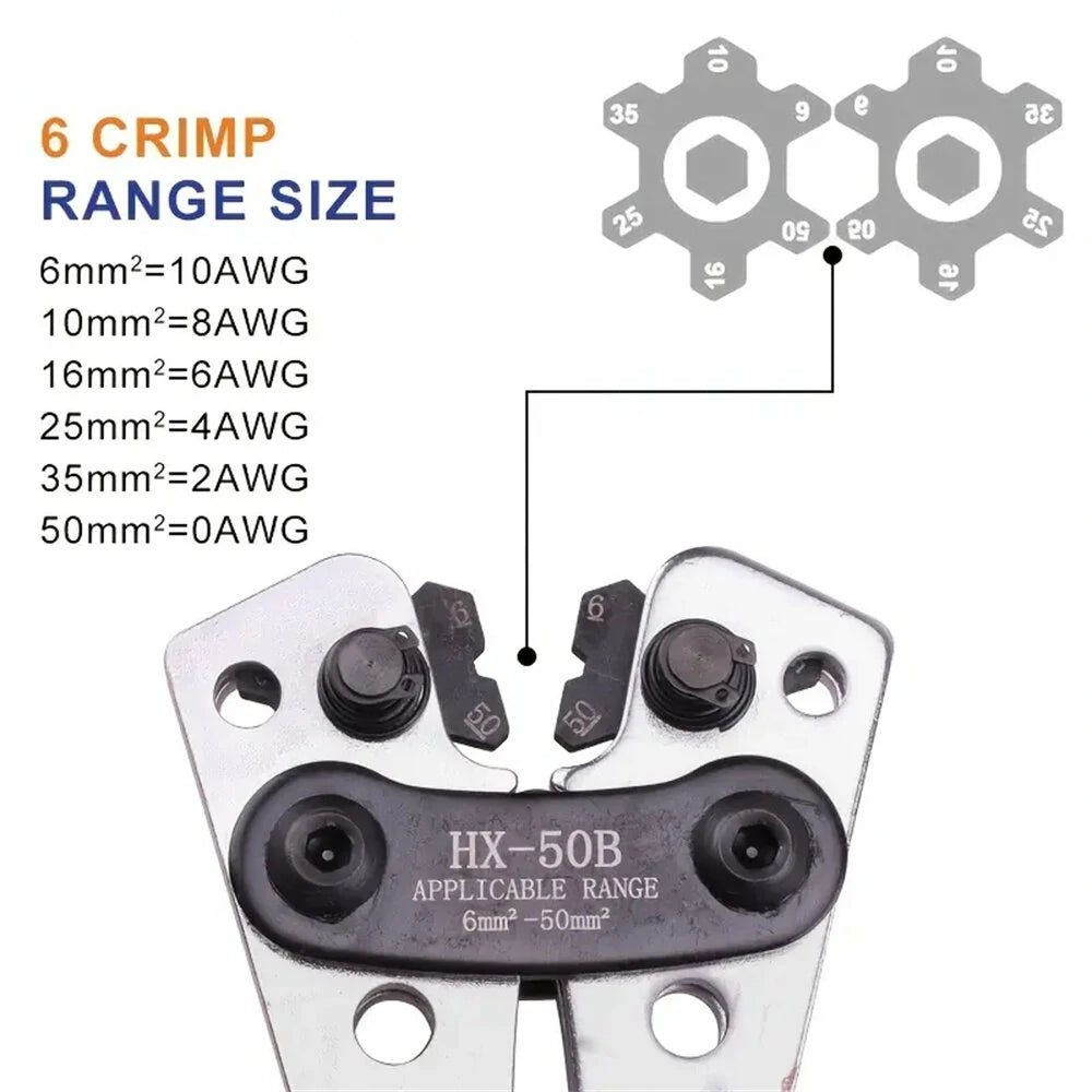 Battery Cable Crimping Tool Set HX-50B, 10-1 AWG, with 60 Copper Ring Terminals, 8 Sizes