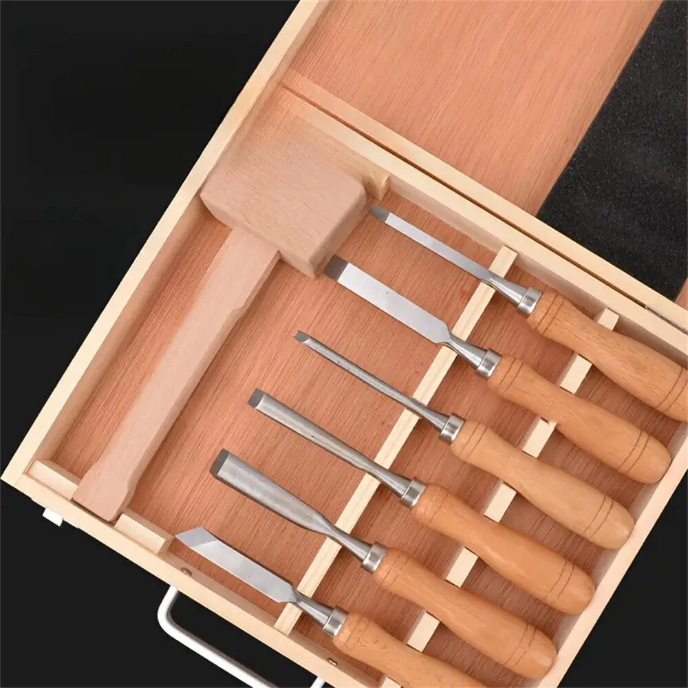 Premium 7PCS Wood Carving Chisels Set - Includes Flat, Curved, Skew Chisels & Wooden Hammer for DIY Woodworking & Sculpting