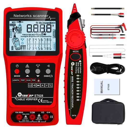 TOOLTOP 3-in-1 Network Cable Tester, Multimeter & Red Light Pen - Measure 600M Cable Length, AC/DC Voltage, Anti-noise Line Tracker with Bag (ET624 ET626 ET628)