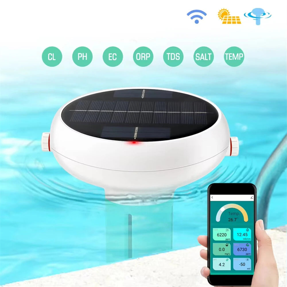 Solar-Powered Tuya Zigbee WiFi Pool Water Quality Tester | 7-in-1 pH, Chlorine & Salinity Monitor | USB Charging & App Control