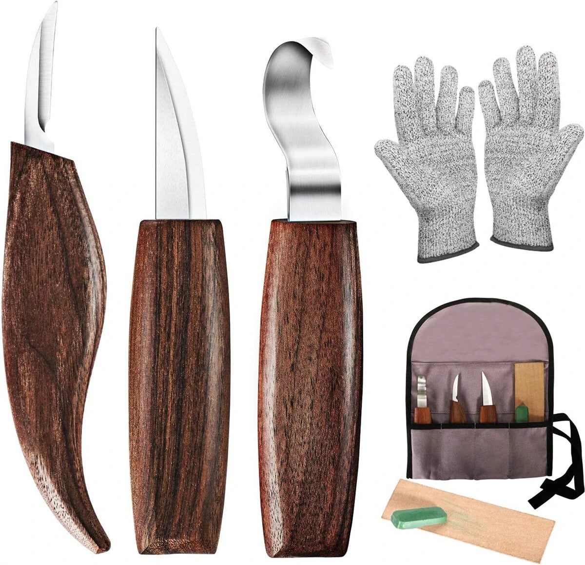 7-in-1 Wood Carving Tools Kit: Hook, Whittling, Chip Knives, Gloves & Sharpener for Beginners