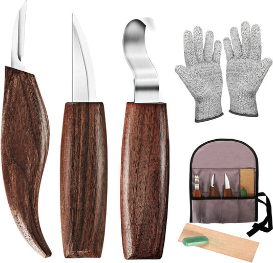 7-in-1 Wood Carving Tools Kit: Hook, Whittling, Chip Knives, Gloves & Sharpener for Beginners