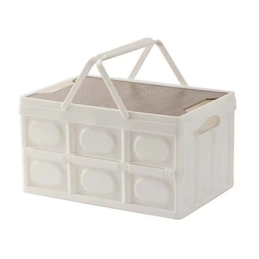 White 15L Folding Storage Box with Wooden Cover - Space-Saving, Stylish PP Material for Home/Office Organization