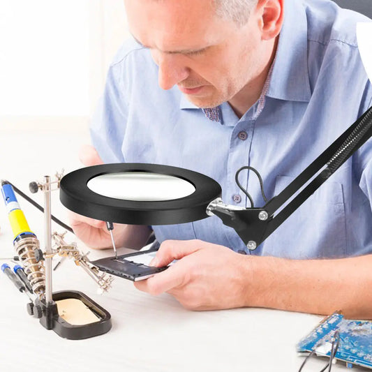 Adjustable LED Magnifying Desk Lamp with 5X USB, 3 Color Modes, 22cm Lens, and Short Bracket for Reading/Soldering