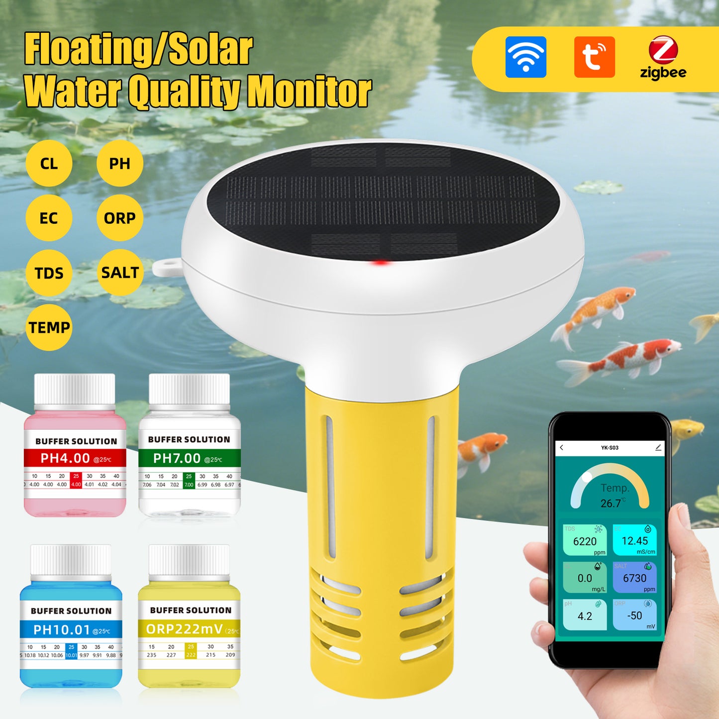 Solar-Powered Tuya Zigbee Pool Water Quality Tester – 7-in-1 Smart Floating Monitor (pH / Chlorine / ORP / Salinity / EC / TDS / Temperature)