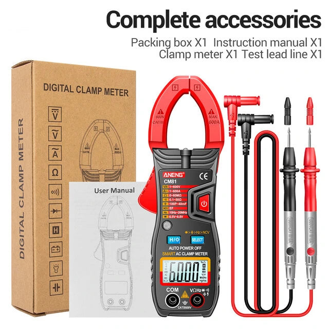 ANENG CM81 Digital Clamp Meter - 6000 Counts, Auto Range, NCV, DC/AC Voltage, Current, Resistance, Frequency, Capacitance Tester