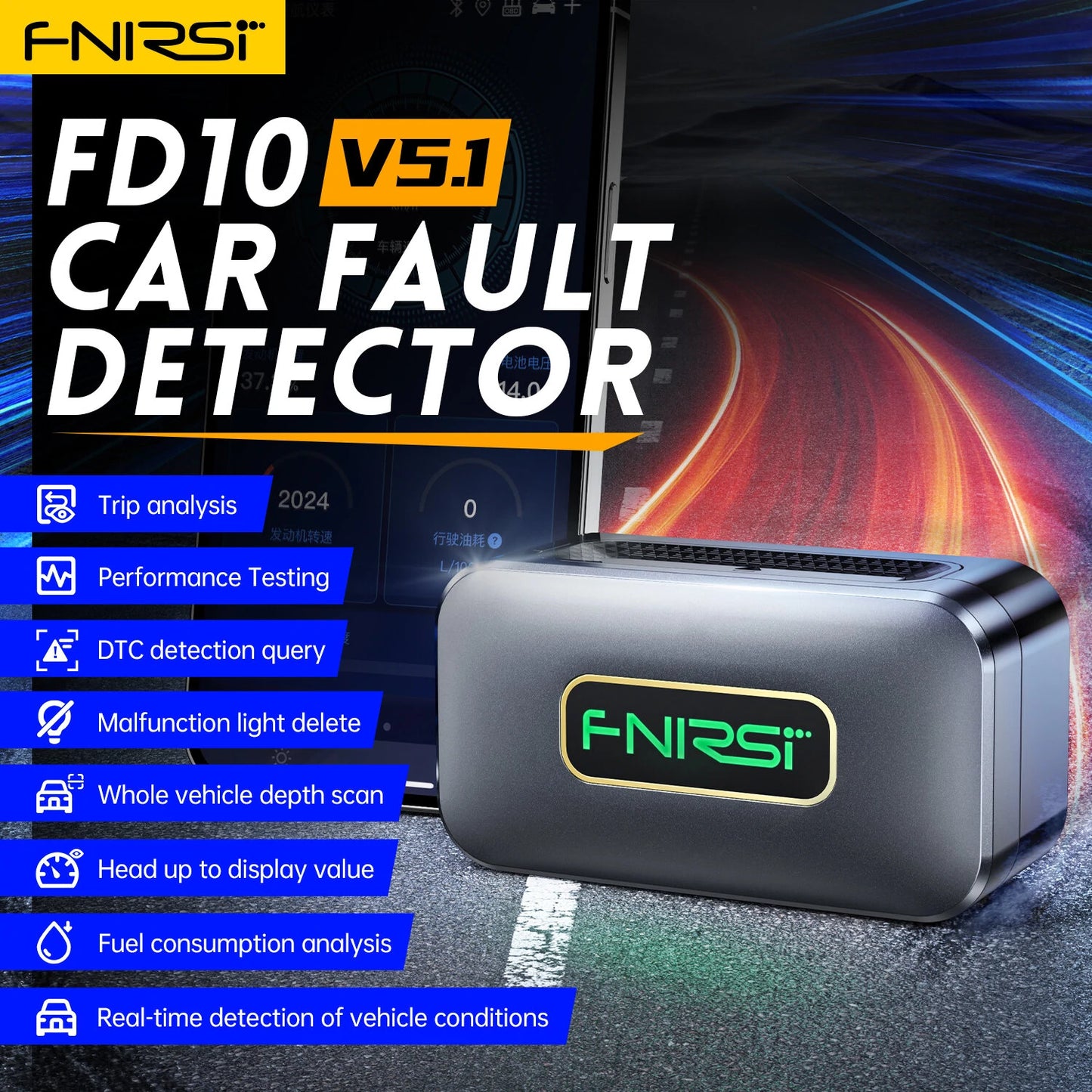 FNIRSI FD10 Car OBD2 Code Reader & Diagnostic Tool: Bluetooth 5.1 for iOS/Android - Clear Engine Error Codes & Check Engine Light