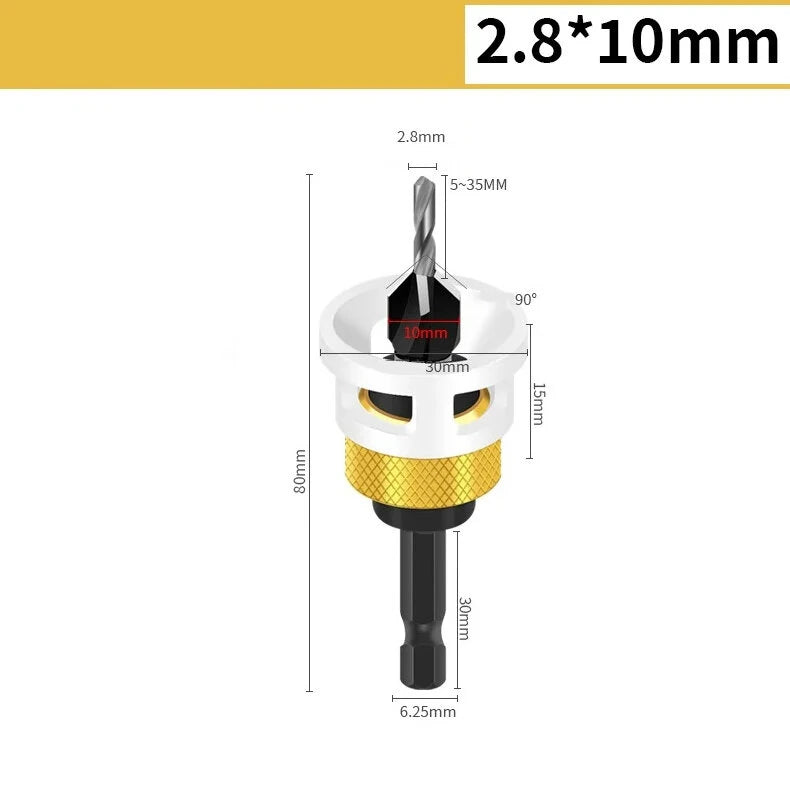 4-in-1 Countersink Drill Bit Set with Low Friction Depth Stop – Tungsten Steel, 6.25mm Shank, Sizes 2.8mm, 3.2mm, 3.5mm, 4.0mm for Wood & Metal