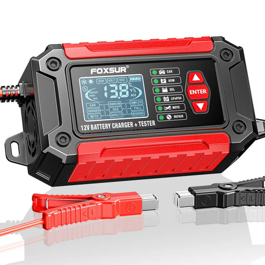 FOXUR FTC-1206 Car Battery Charger & Tester - 4AH-200AH Range, Pulse Repair, LCD Display, Safe AC to DC Charging