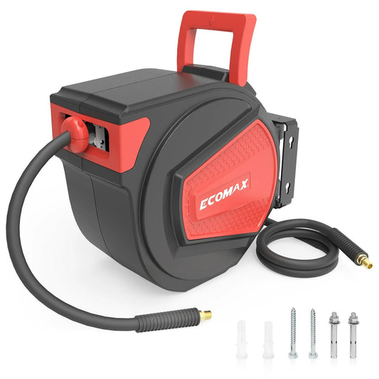 ECOMAX 3/8 in. x 50 ft Retractable Air Hose Reel with Auto Rewind, Heavy Duty, NPT 1/4 Inch, 180° Swivel Bracket, Max Pressure 348 PSI [USA Direct]