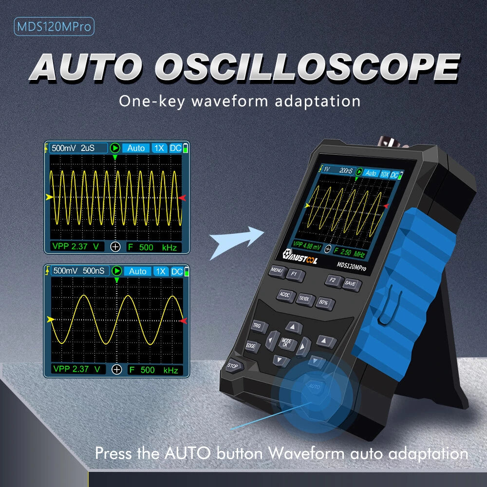 Mustool MDS120MPro 120MHz Digital Oscilloscope with 3MHz Signal Generator, 500MS/s, 2-in-1 Automotive Tool